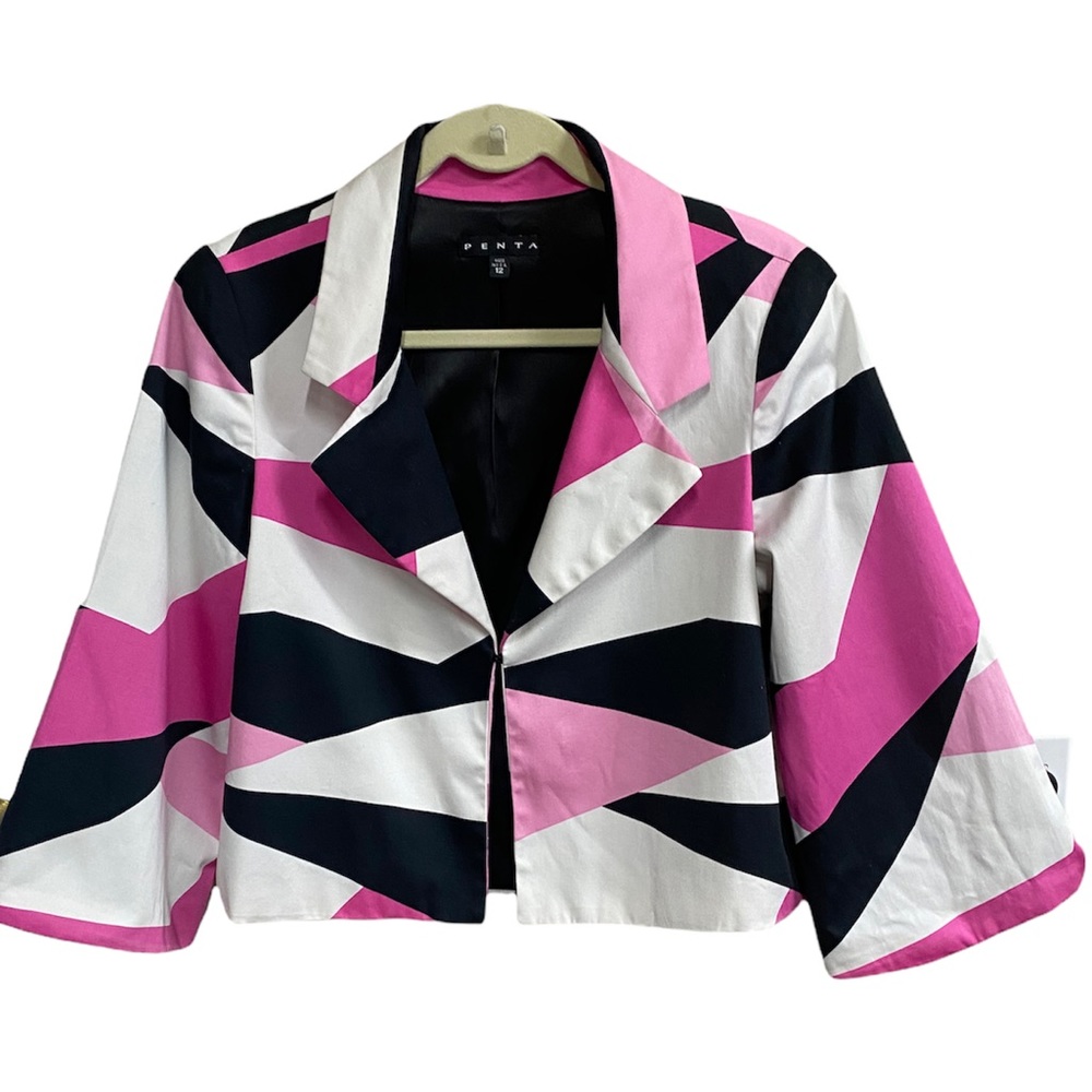PENTA Designer Womens Boxy Lined Bell Sleeve Jacket Geometric Design SZ  12